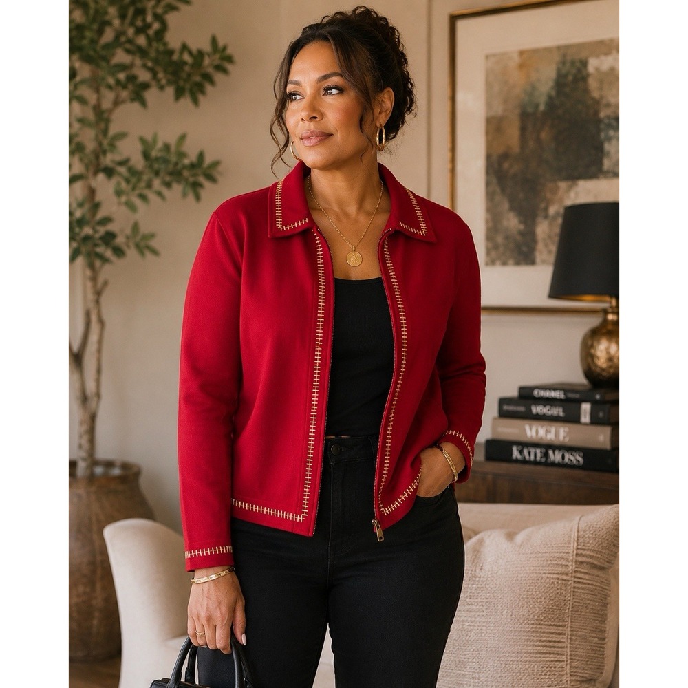 Bechamel Red Gold Whipstitch Zip Front Jacket Womens L Cotton Stretch
